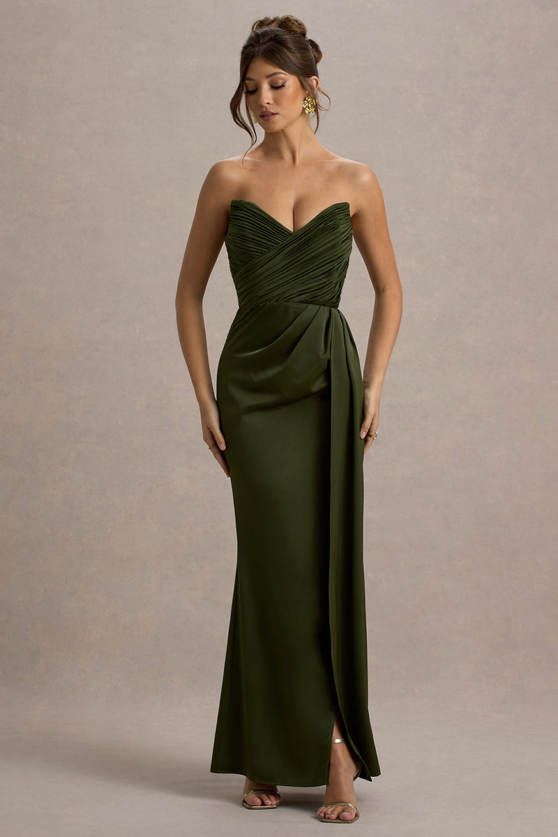 Edel Olive Satin Strapless Maxi Dress With Drape – Club L