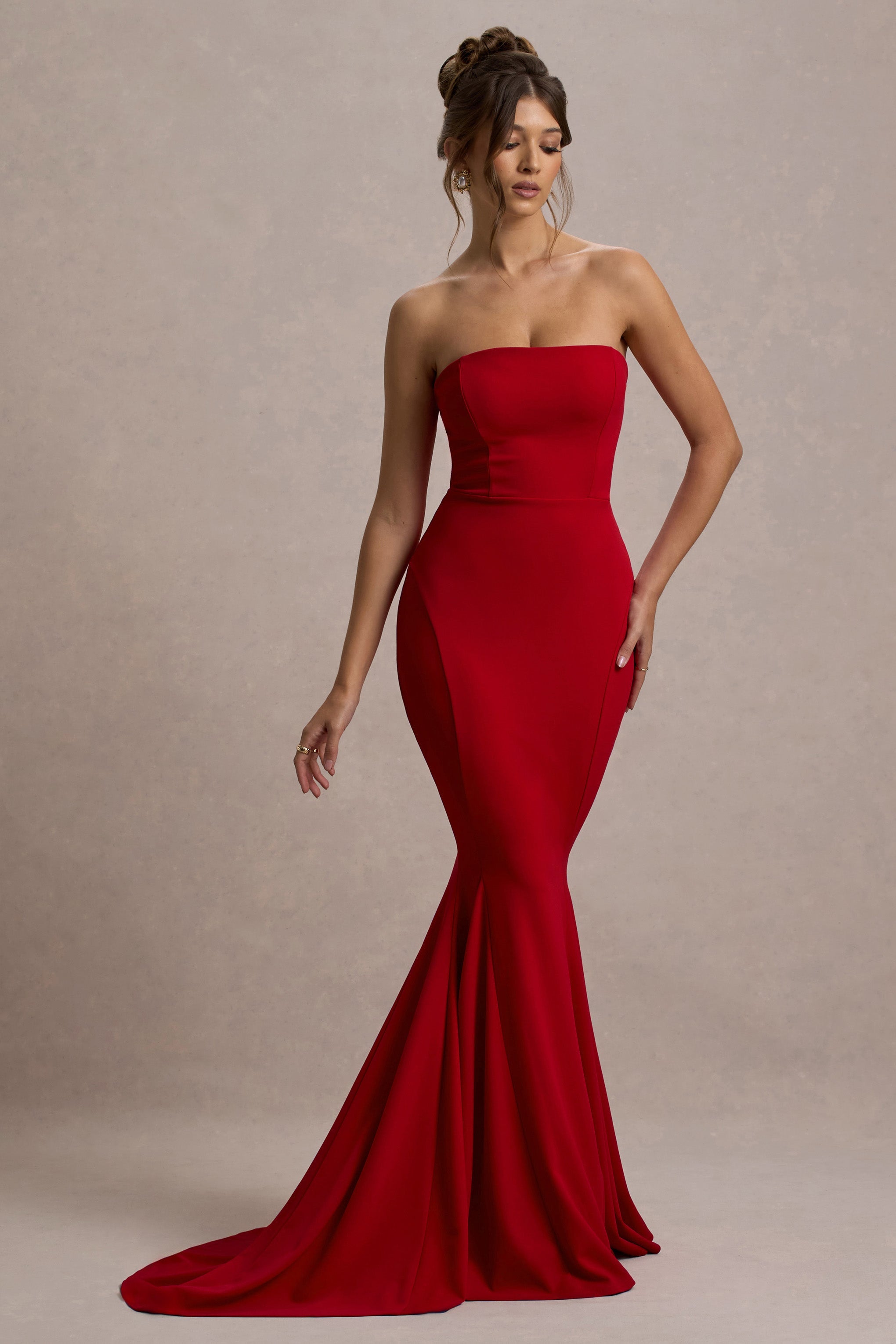 Impress Me | Red Strapless Bandeau Fishtail Maxi Dress – Club L London