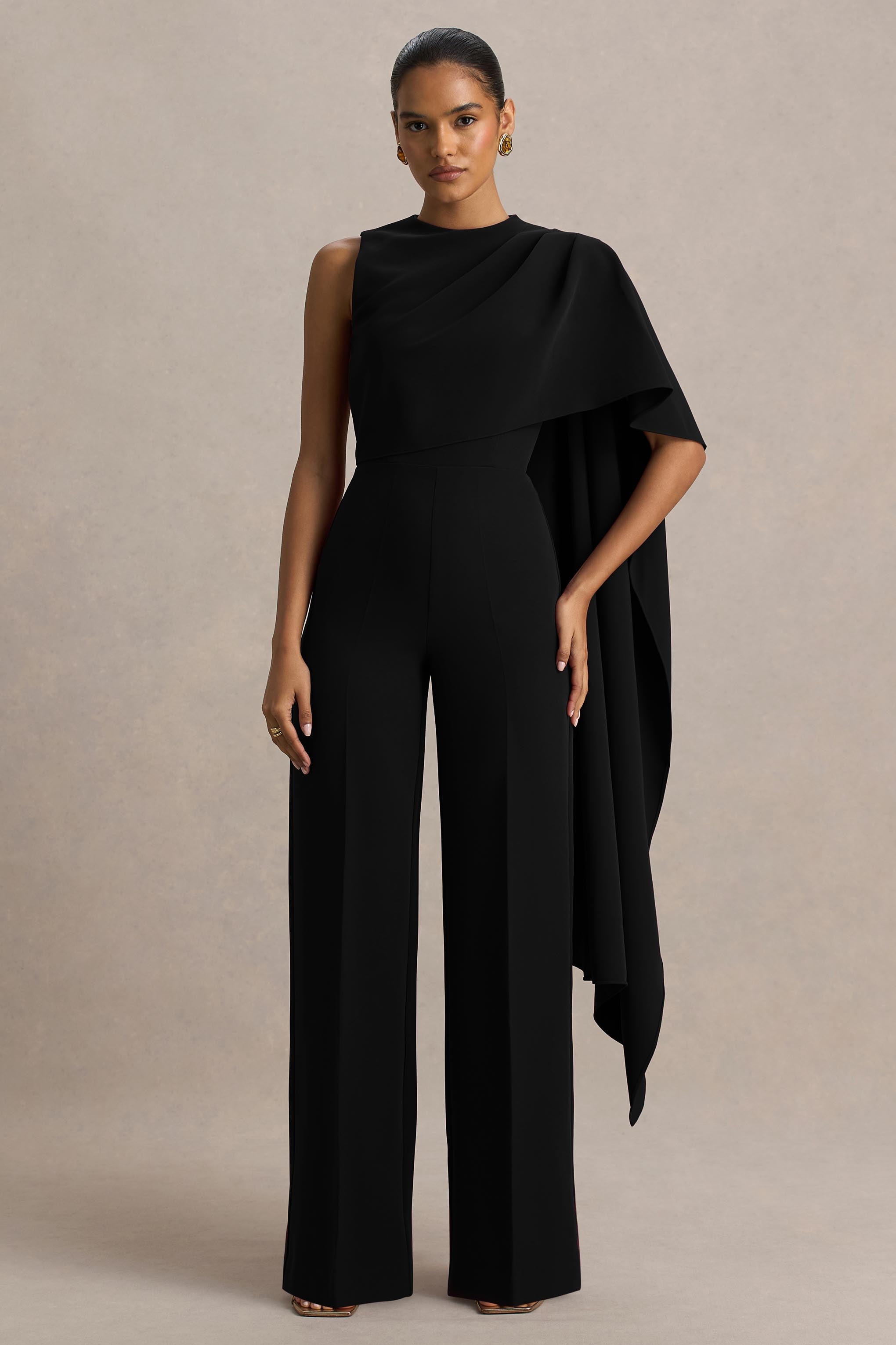 Sorenia | Black High-Neck Jumpsuit With One-Cape Sleeve – Club L