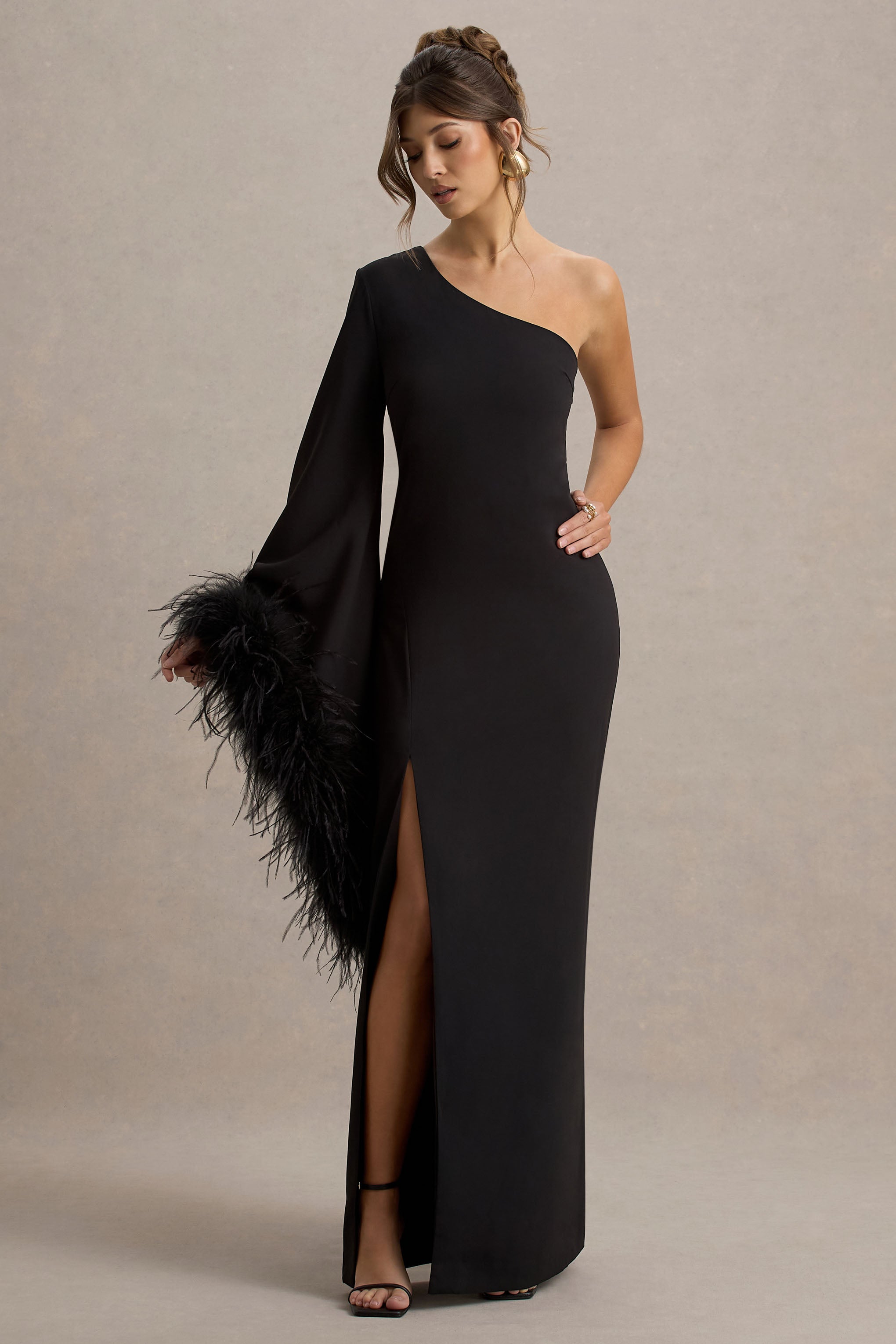 Armina | Black One-Shoulder Feather-Trim Maxi Dress – Club L London