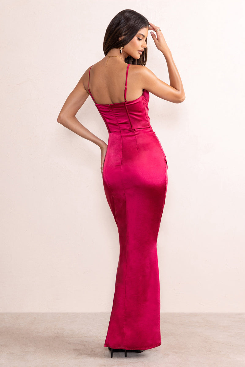 Alessandra Berry Red Satin Cupped Corset Bodice Maxi Dress With