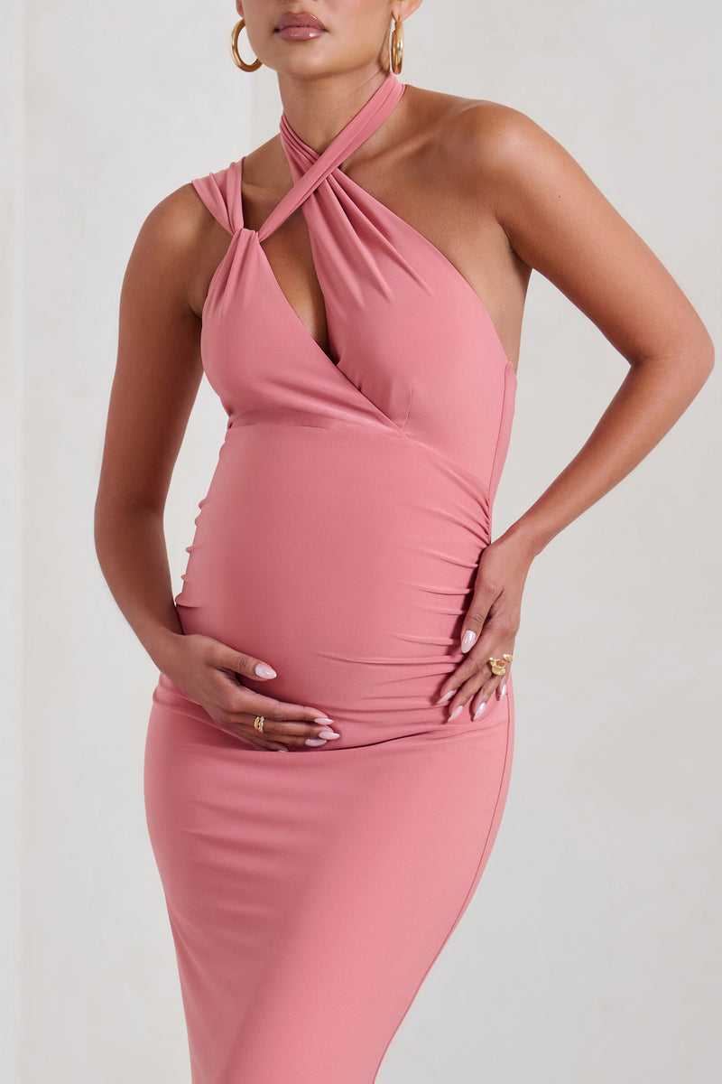 Alba Blush Pink Maternity Halter Asymmetric Maxi Dress with Cut Out – Club  L London - USA