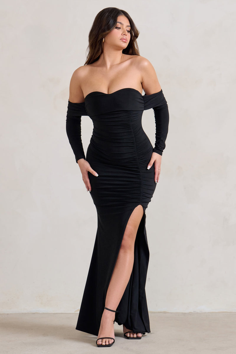 Midnight Black Draped Long Sleeve Maxi Dress – Club L London - USA