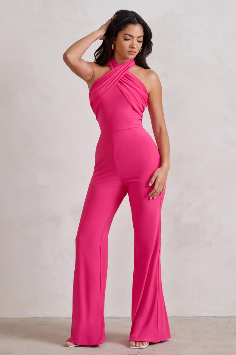 Goddess | Hot Pink Halter Neck Flare Jumpsuit