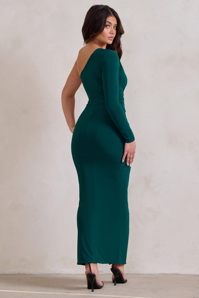 Mystical Bottle Green One Shoulder Maxi Dress With Side Split