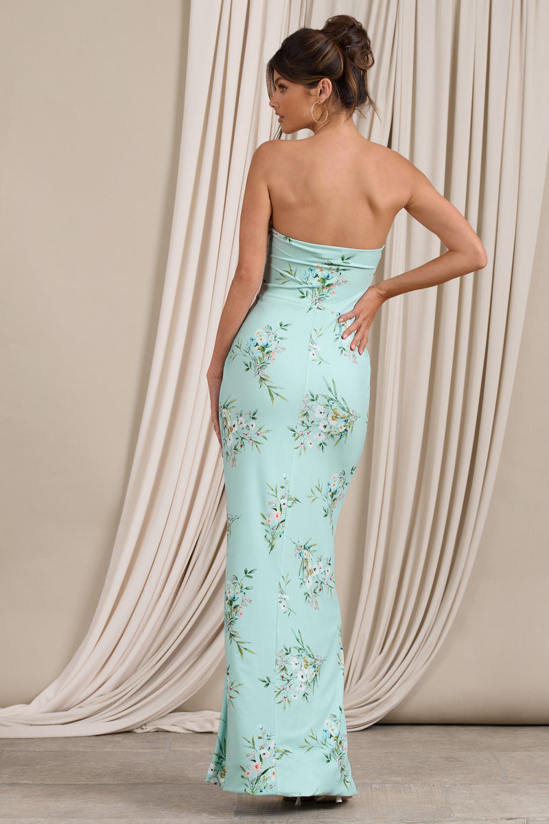 Camila | Green Oriental Bandeau Maxi Dress With Split Hem