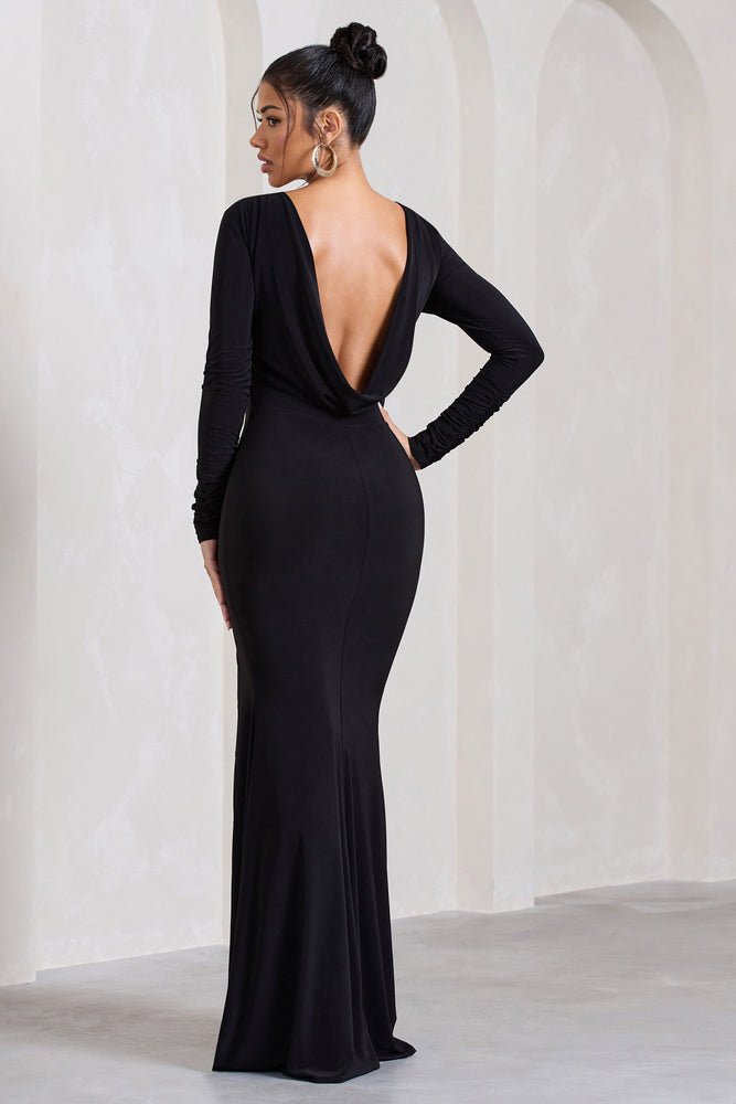 Forever Dreaming Black Backless Halter Neck Ruched Split Maxi Dress – Club  L London - IRE