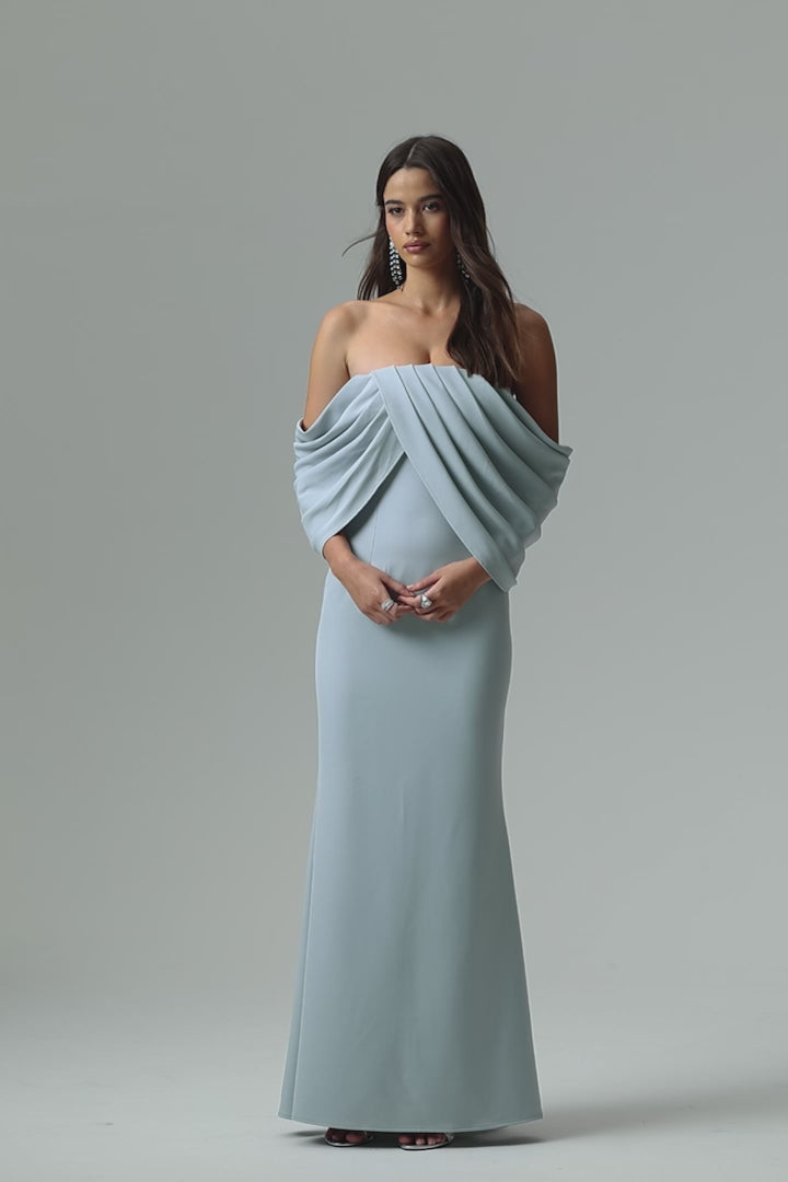 Serene | Powder Blue Draped Bardot Maxi Dress