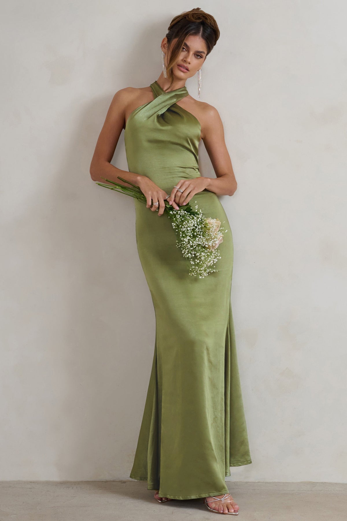 Unstoppable Olive Green Satin Cross Over Halter Neck Maxi Dress – Club L  London - USA