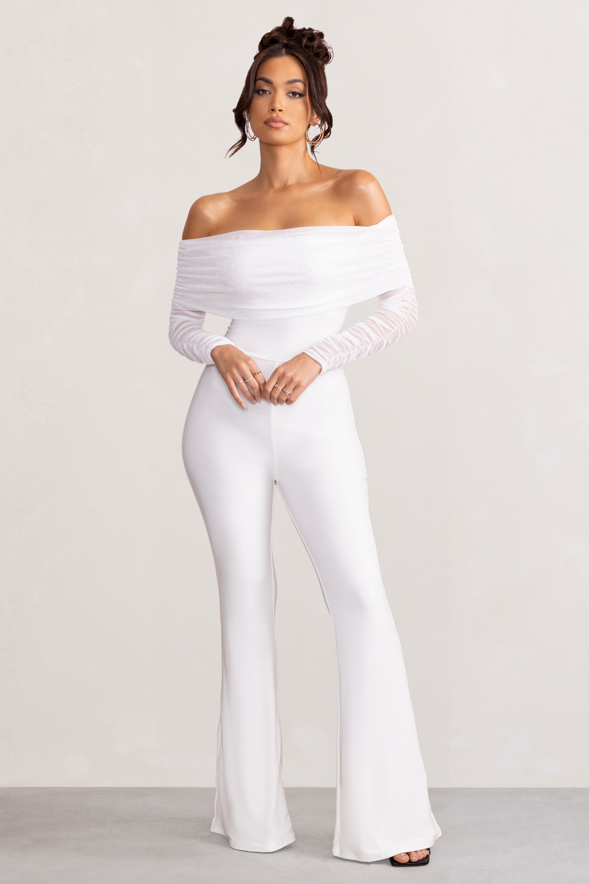 Whisper White Ruched Mesh Bardot Jumpsuit JUMPSUITS PLAYSUITS