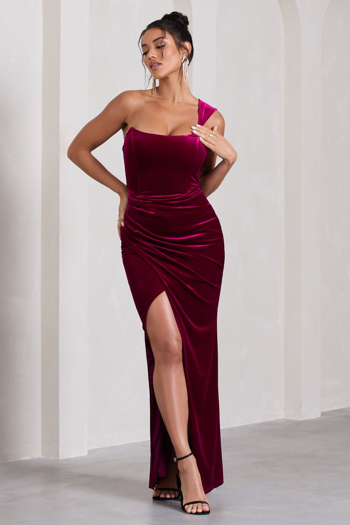 Club L London USA Jessica Berry Velvet One Shoulder Corset Style Wrap Maxi Dress US 2 Berry