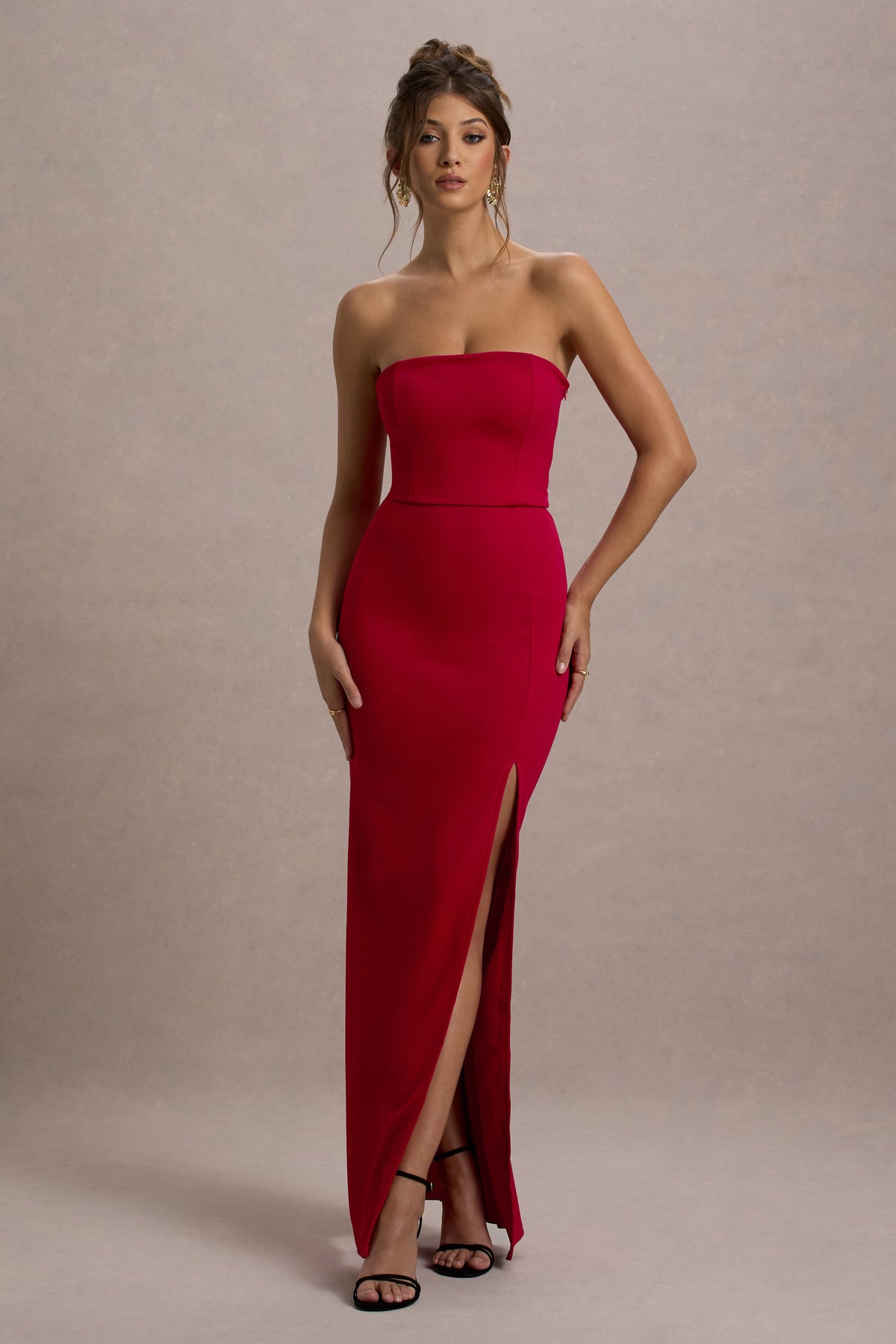 Belle of The Ball Red Bandeau Maxi Dress With Split Hem – Club L