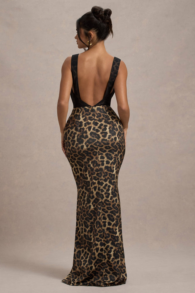 Sahara Leopard Print Satin V-Neck Maxi Dress With Black Lace Trim – Club L  London