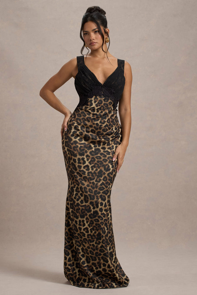 white christmas dresses Sahara | Leopard Print Satin V-Neck Maxi Dress with Black Lace Trim