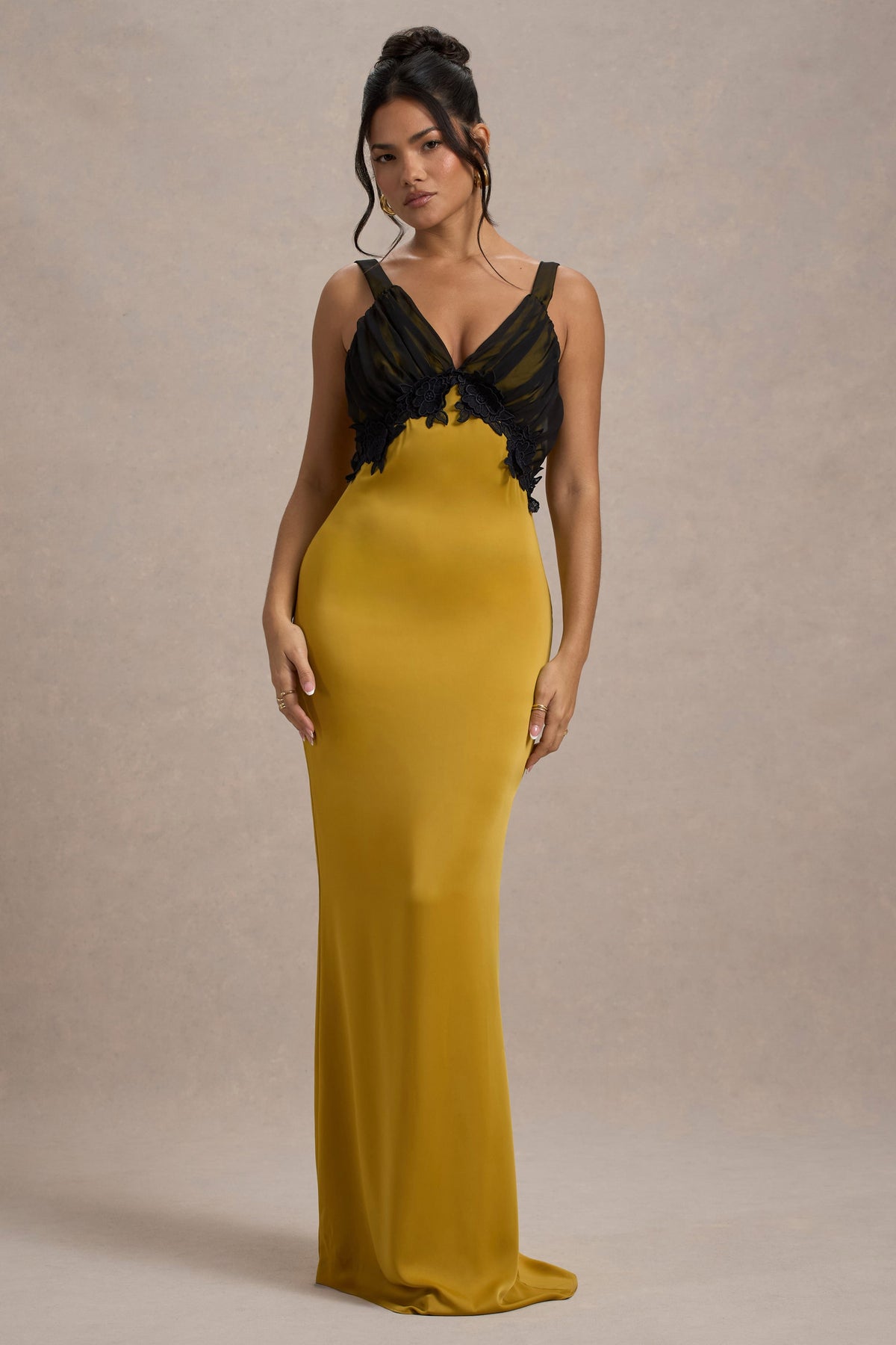 Sahara Mustard Satin V-Neck Maxi Dress With Black Lace Trim Club L London - USA Sahara Mustard Satin V-Neck Maxi Dress With Black Lace Trim Club L London - USA