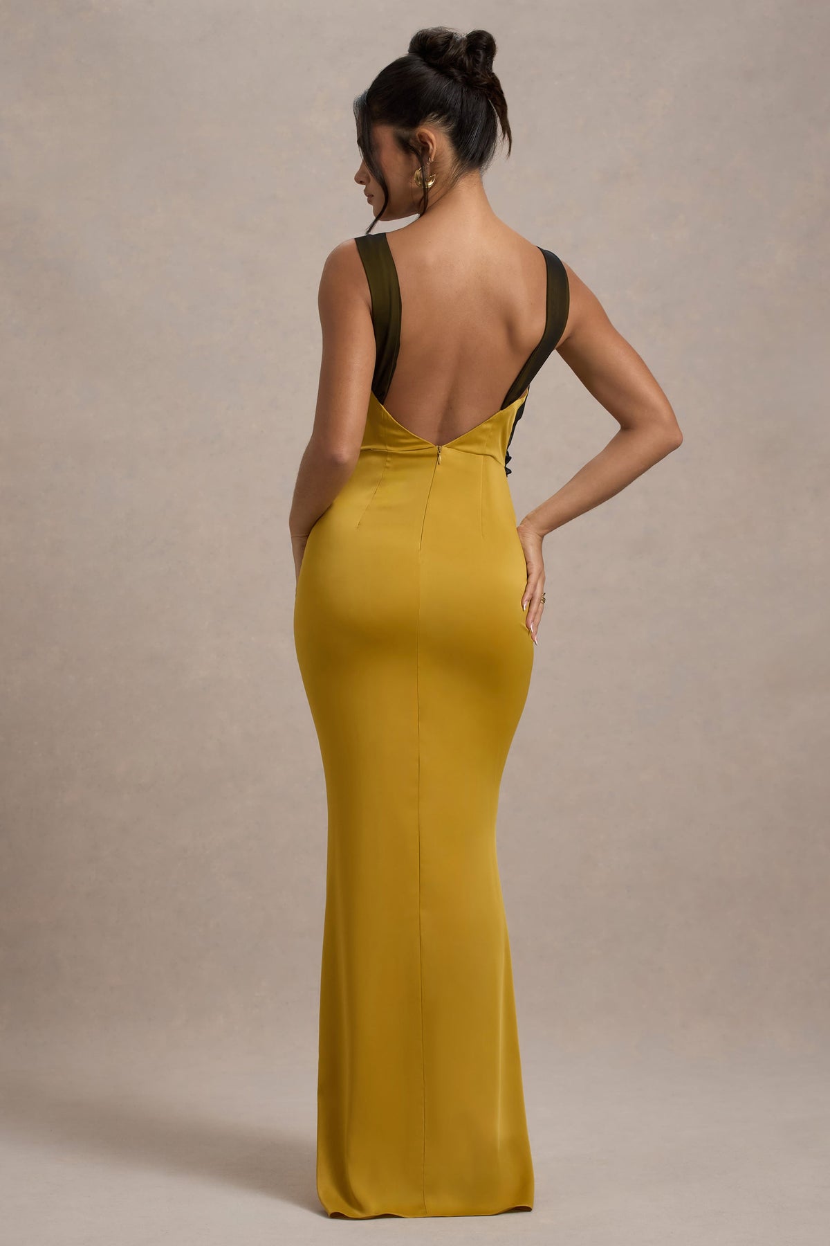 Sahara Mustard Satin V-Neck Maxi Dress With Black Lace Trim Club L London - USA Sahara Mustard Satin V-Neck Maxi Dress With Black Lace Trim Club L London - USA