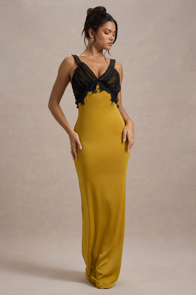 Sahara Mustard Satin V-Neck Maxi Dress With Black Lace Trim  Club L London  - USA