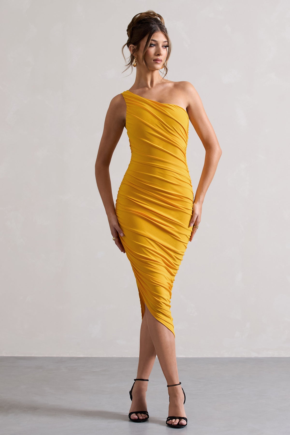 Dorit | Yellow One Shoulder Asymmetric Ruched Midi Dress