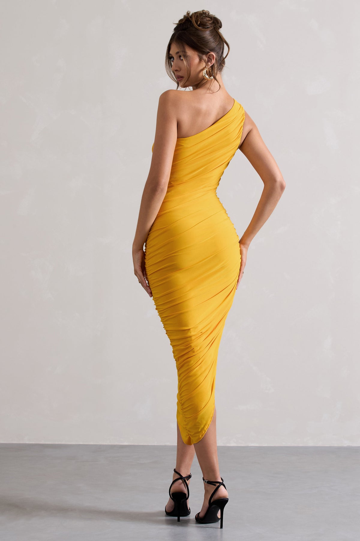 Dorit | Yellow One Shoulder Asymmetric Ruched Midi Dress