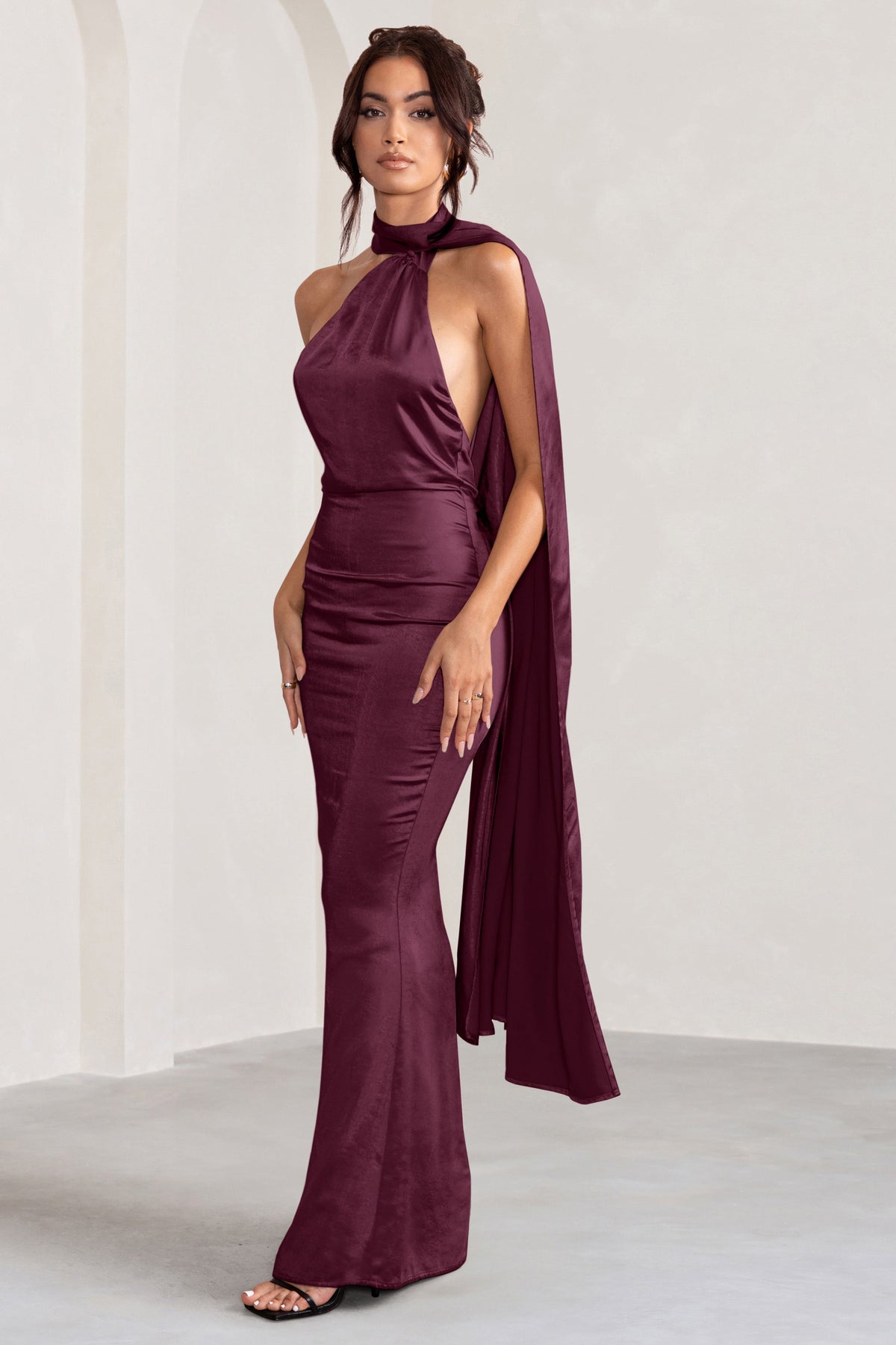 Mademoiselle Burgundy Satin Asymmetric Scarf Neck Backless Maxi