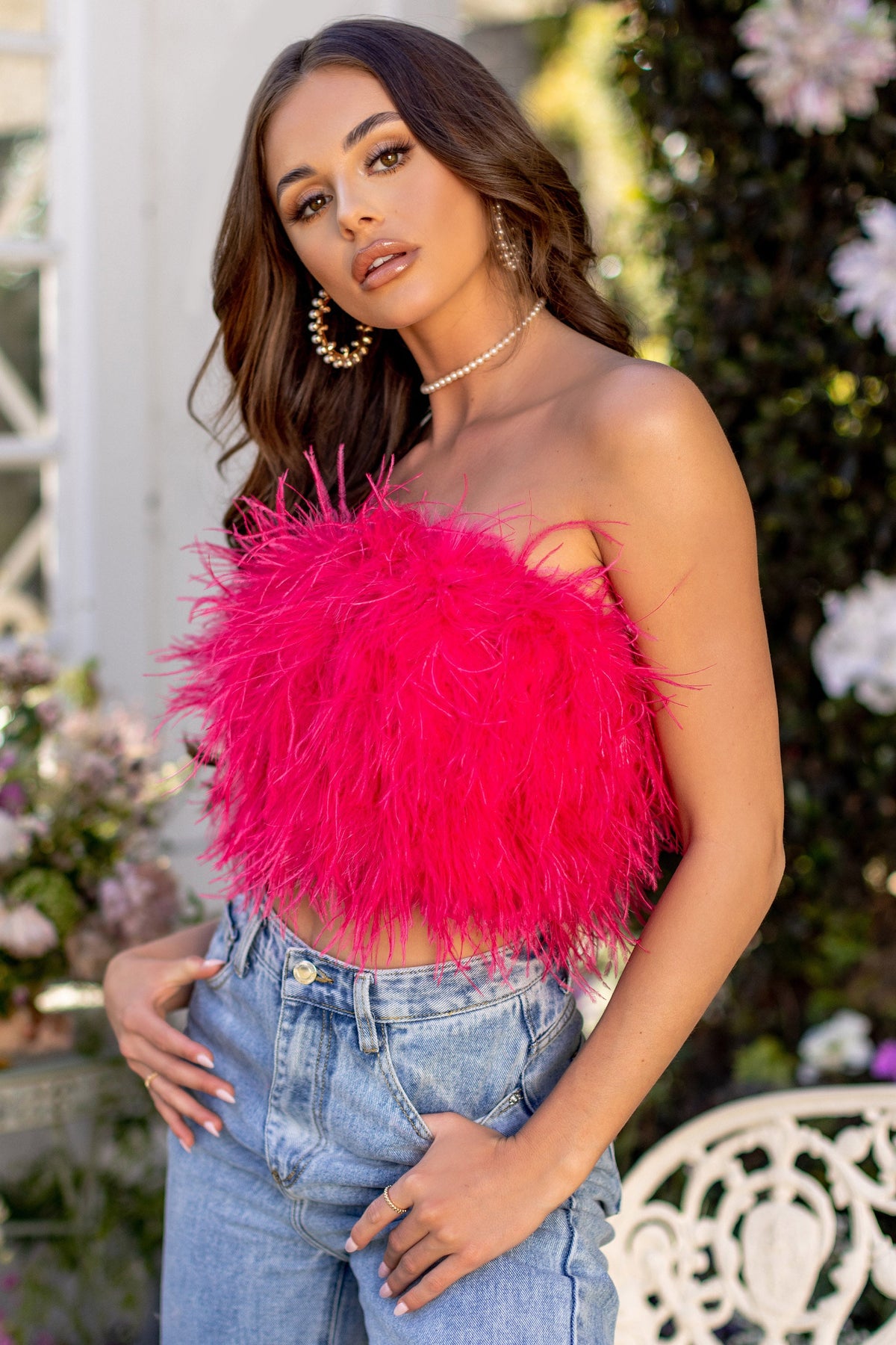 Pink Feather Bandeau Crop Top  Feather top outfit, Vegas outfit