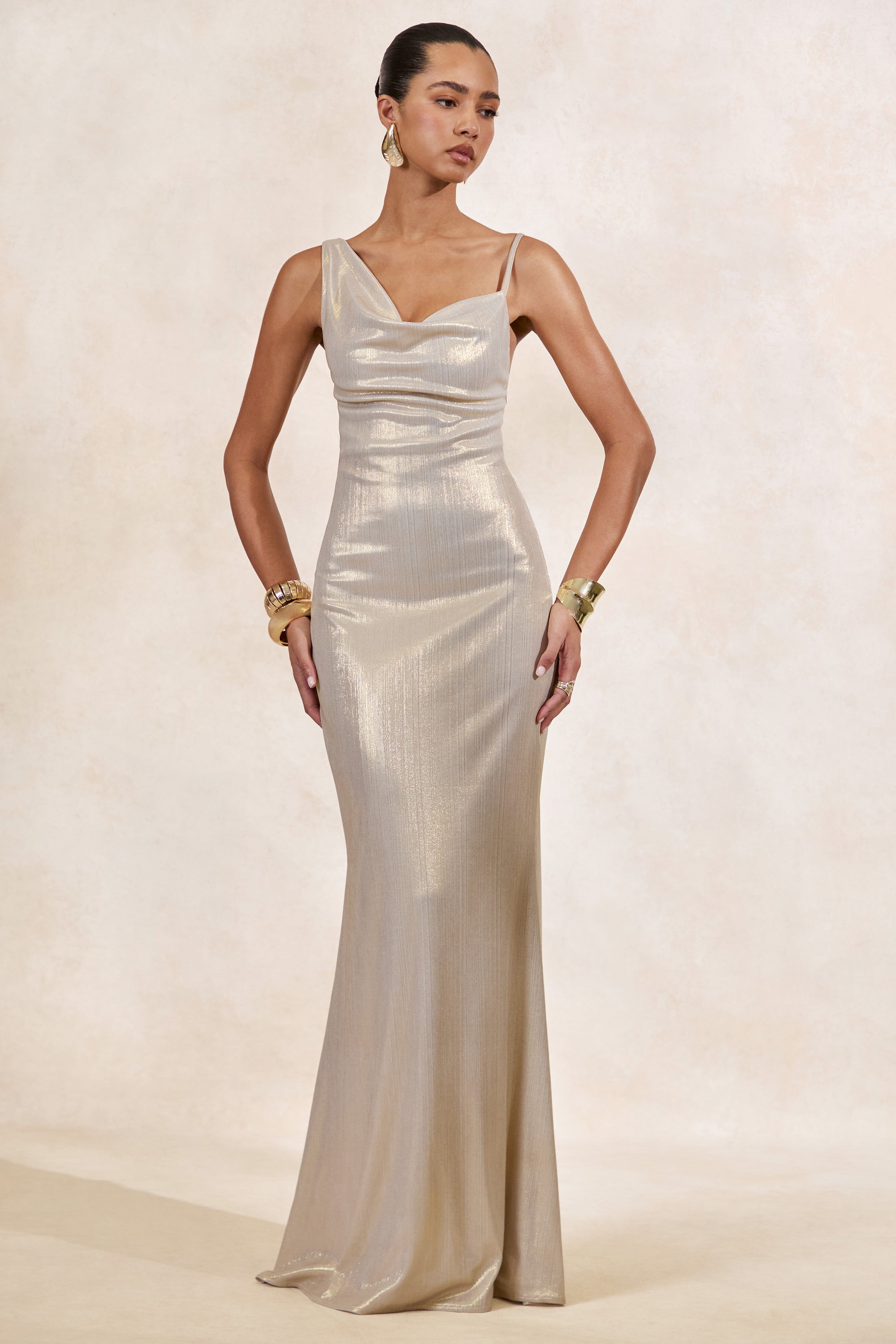 Galaxy Shimmer | Champagne Bias Cut Cowl Front Maxi Dress