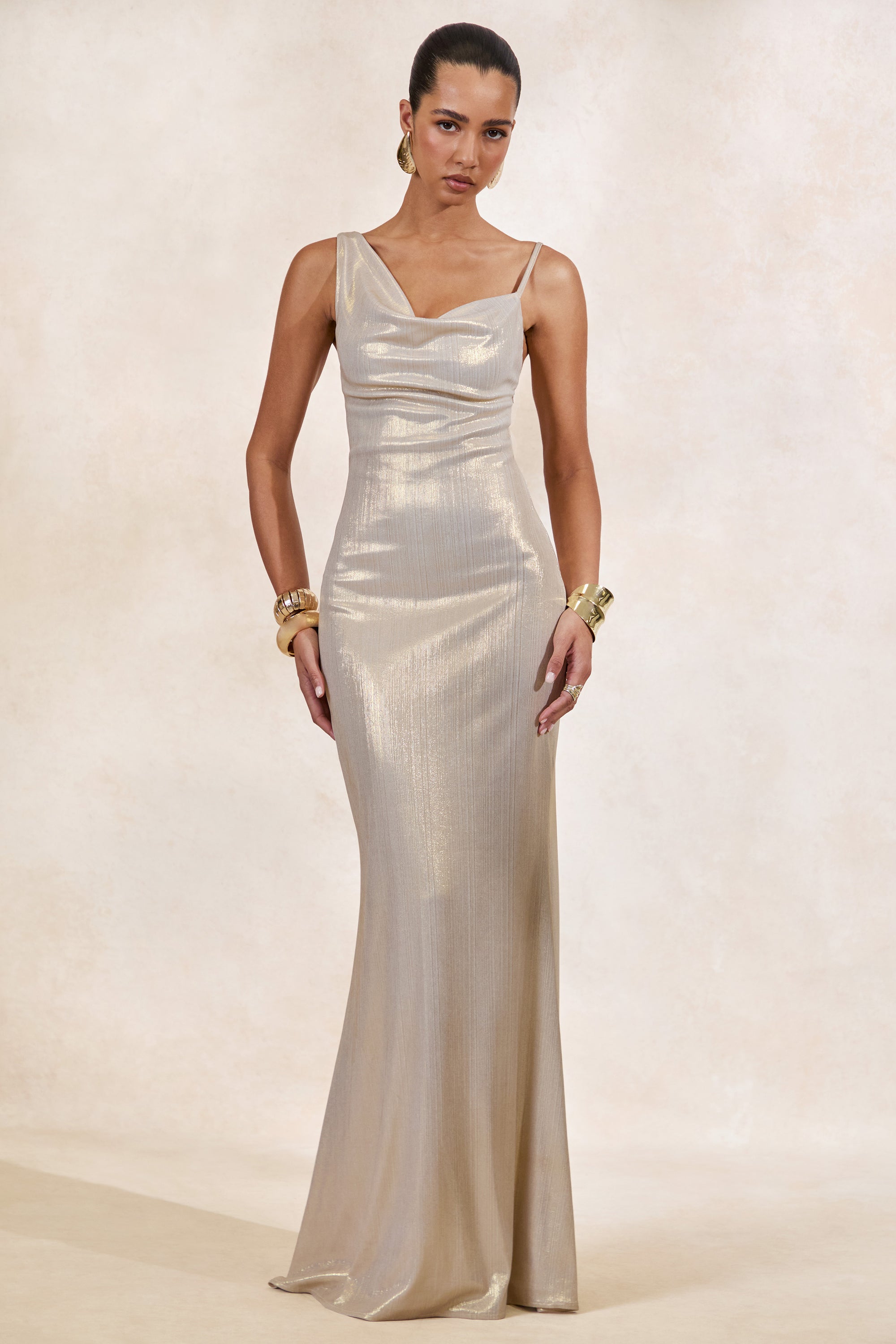 Galaxy Shimmer | Champagne Bias Cut Cowl Front Maxi Dress – Club L London