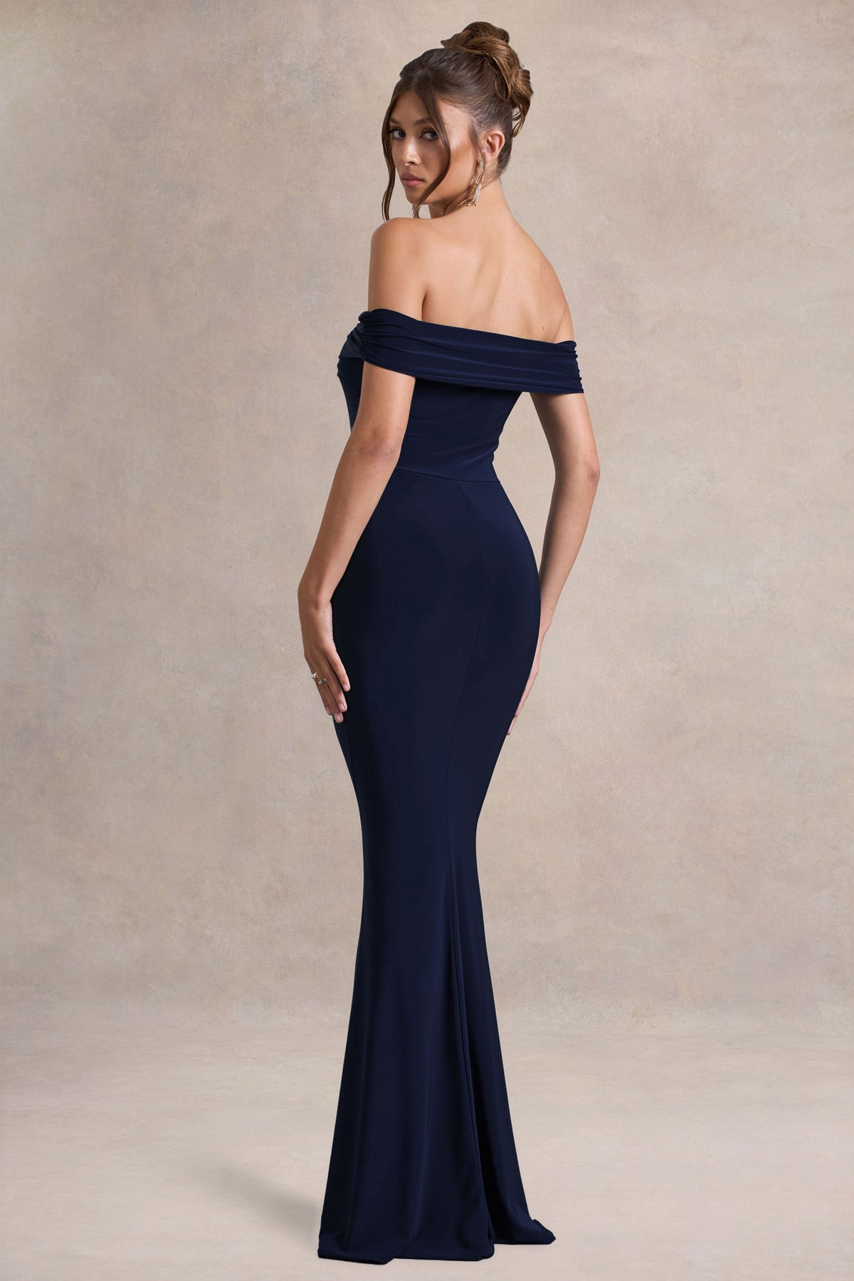 Law of Attraction Navy Bardot Draped Split Maxi Dress Club L London - USA Law of Attraction Navy Bardot Draped Split Maxi Dress Club L London - USA