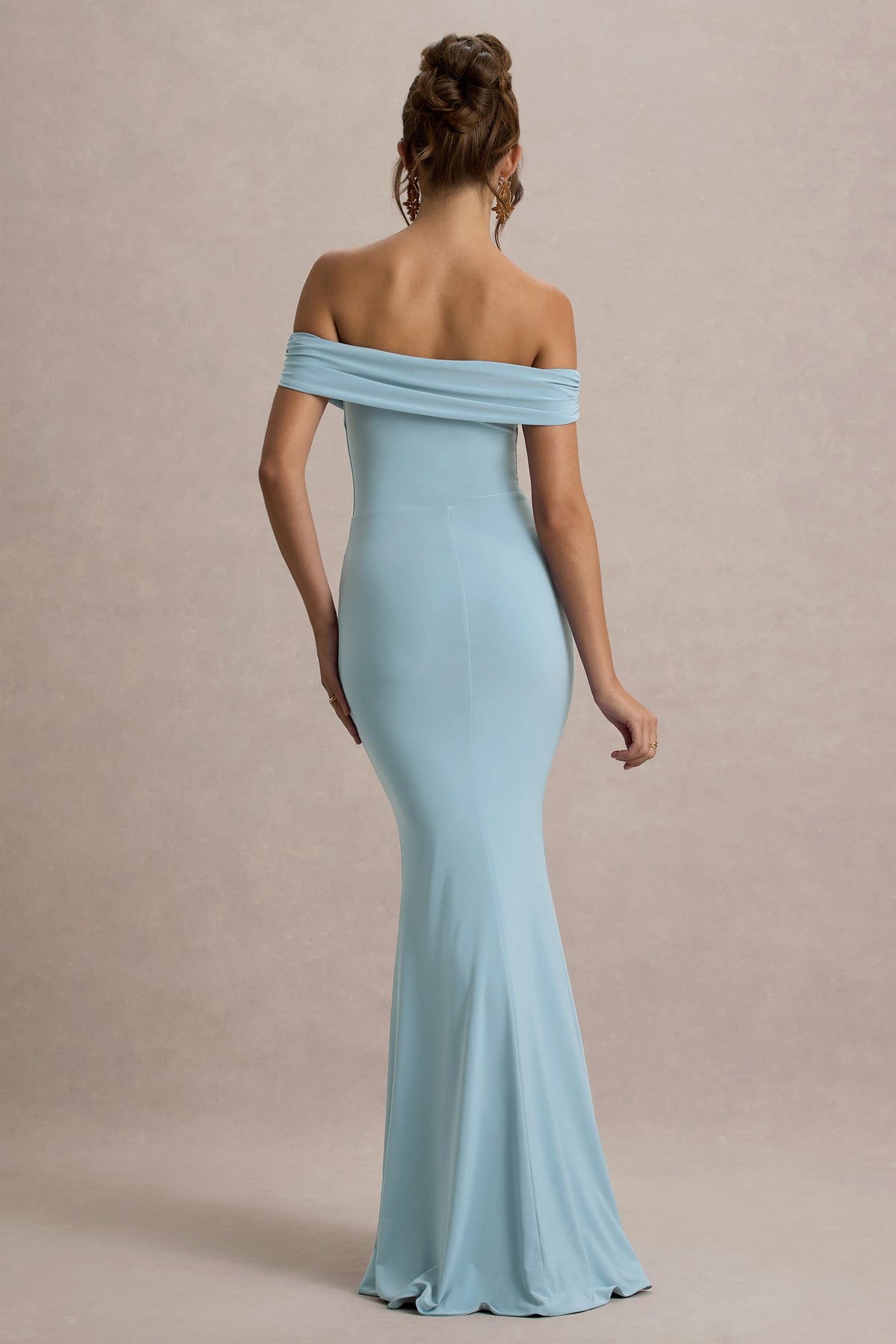 Law of Attraction | Powder Blue Bardot Draped Split Maxi Dress, US 8 / Powder Blue Law of Attraction | Powder Blue Bardot Draped Split Maxi Dress, US 8 / Powder Blue