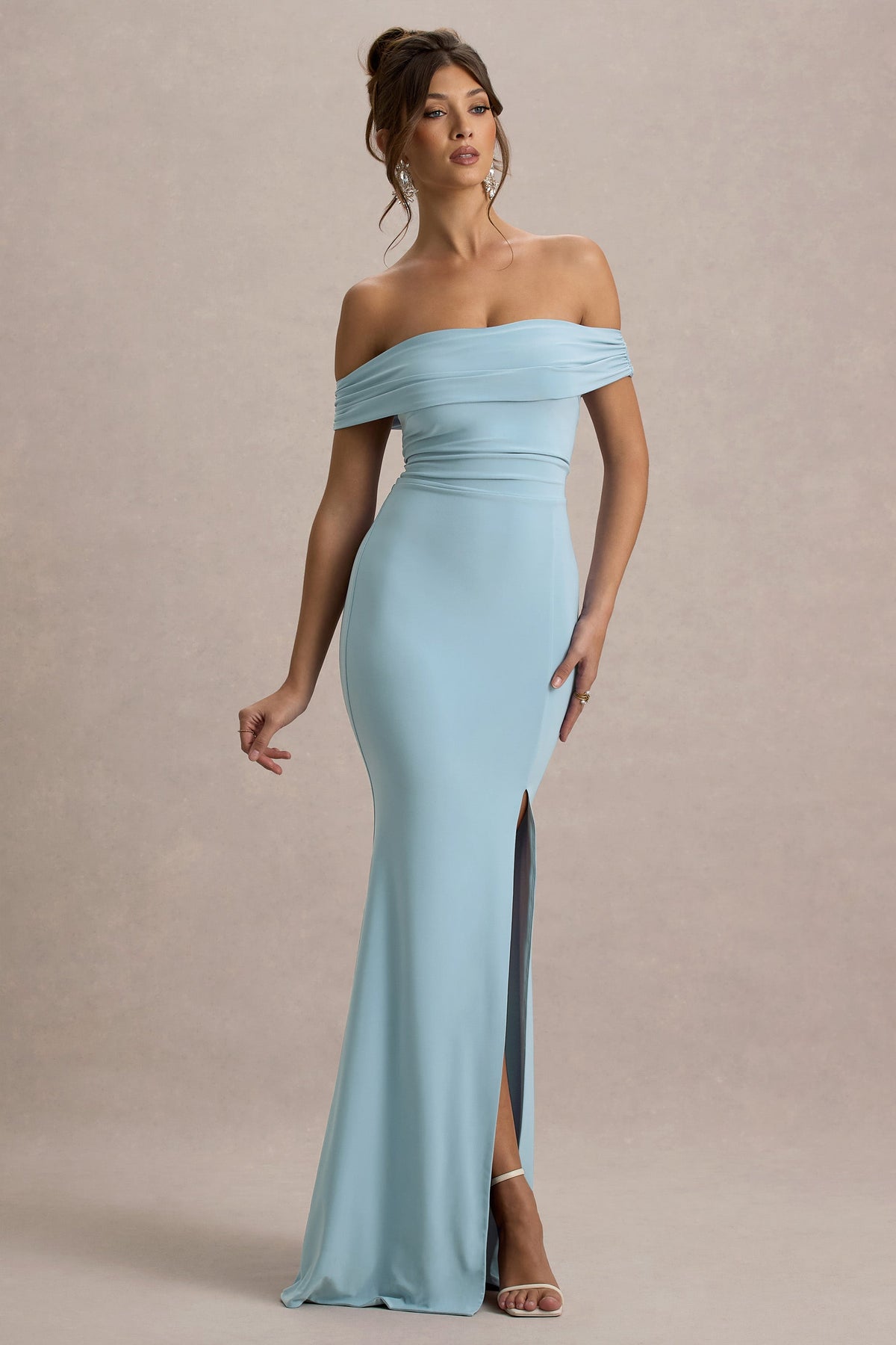 Law of Attraction Powder Blue Bardot Draped Split Maxi Dress Club L London - USA Law of Attraction Powder Blue Bardot Draped Split Maxi Dress Club L London - USA