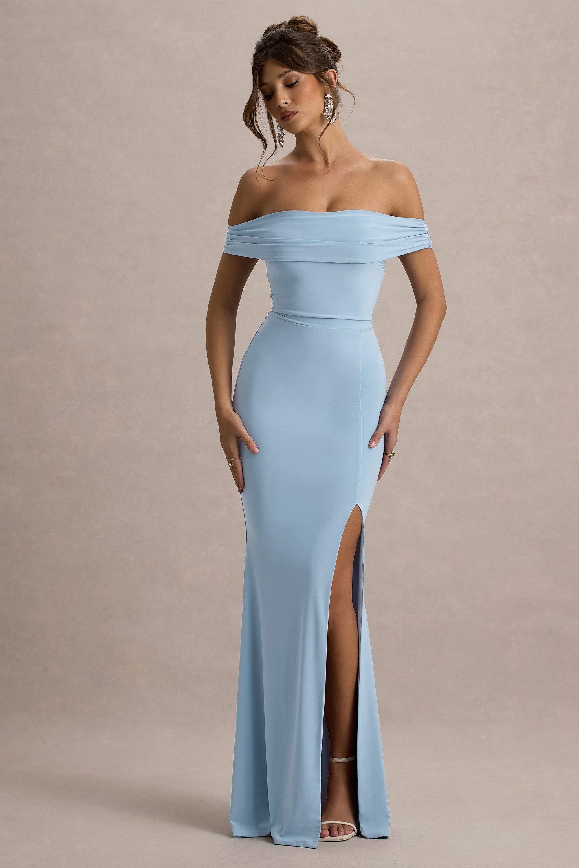 bardot light blue dress Women's Light Blue Acetate Slinky Bardot Long Sleeve Maxi Dress