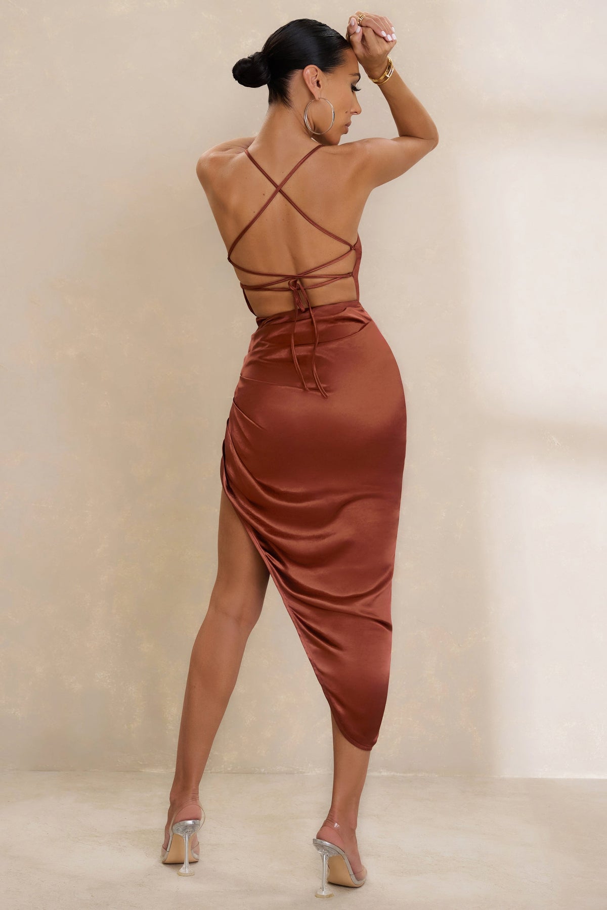 Risk It All Rust Cami Cowl Neck Asymmetric Hem Midi Dress – Club L