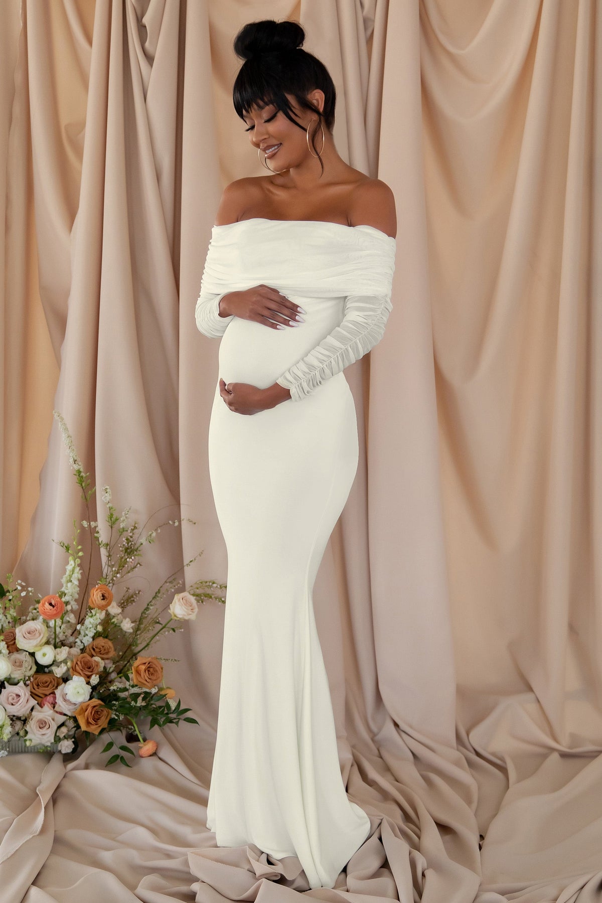 Pretty Perfect White Maternity Ruched Mesh Bardot Maxi Dress