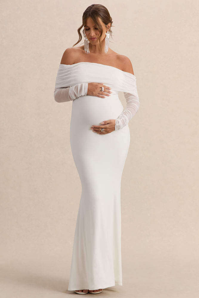 Pretty Perfect White Maternity Ruched Mesh Bardot Maxi Dress Club L London - USA Pretty Perfect White Maternity Ruched Mesh Bardot Maxi Dress Club L London - USA