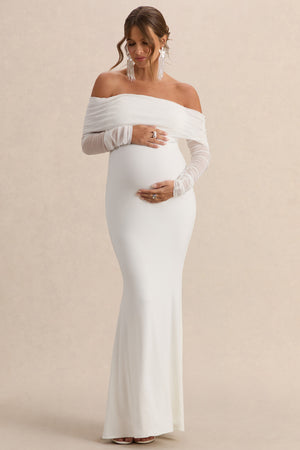 chinese dress ladies Pretty Perfect White Maternity Ruched Mesh Bardot Maxi Dress – Club L  London