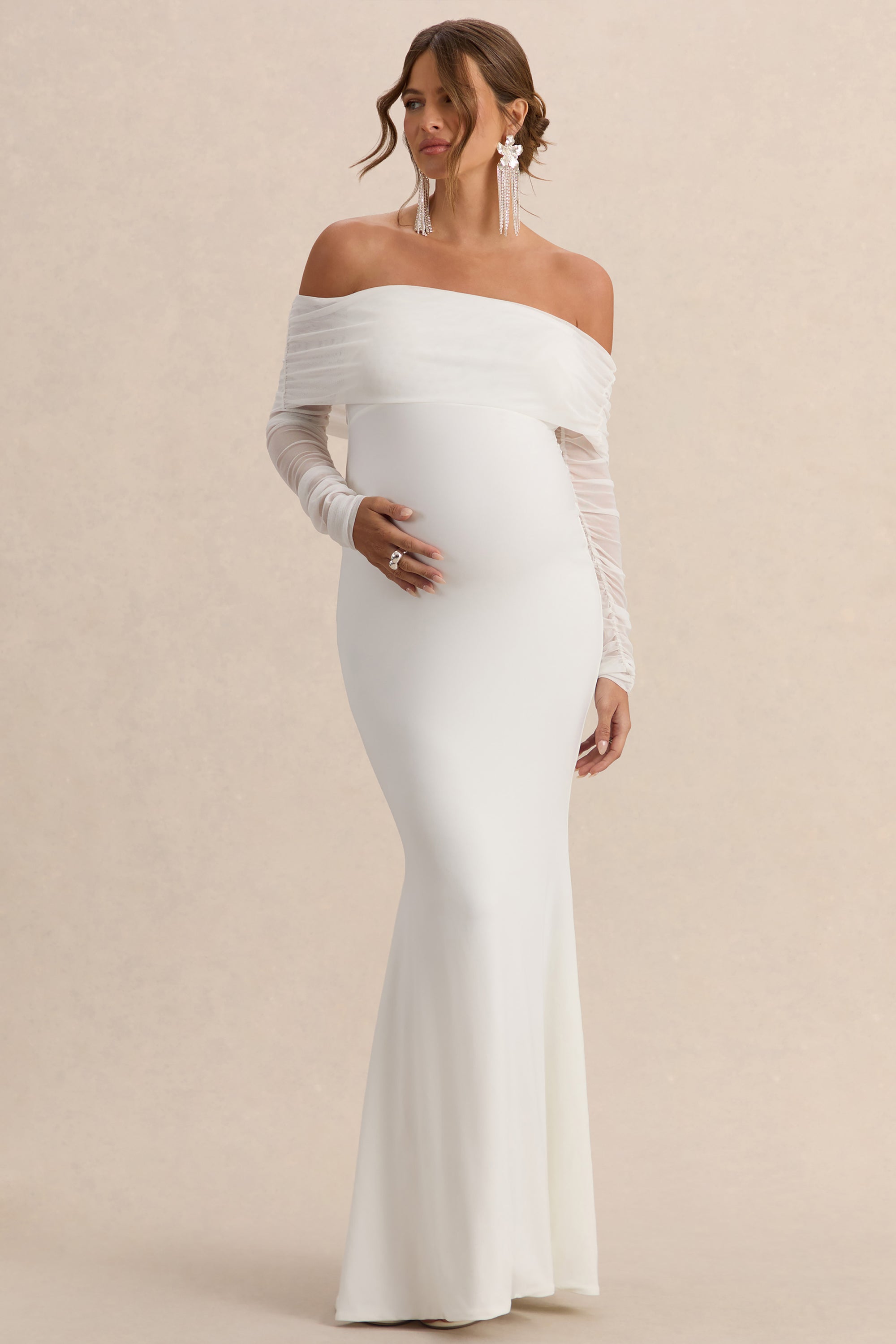 white long sleeve off the shoulder maternity dress JustVH Maternity Off-Shoulder Semi-Sheer Knit Long Sleeve Solid Color Dress, Suitable For Beach Photography Spring