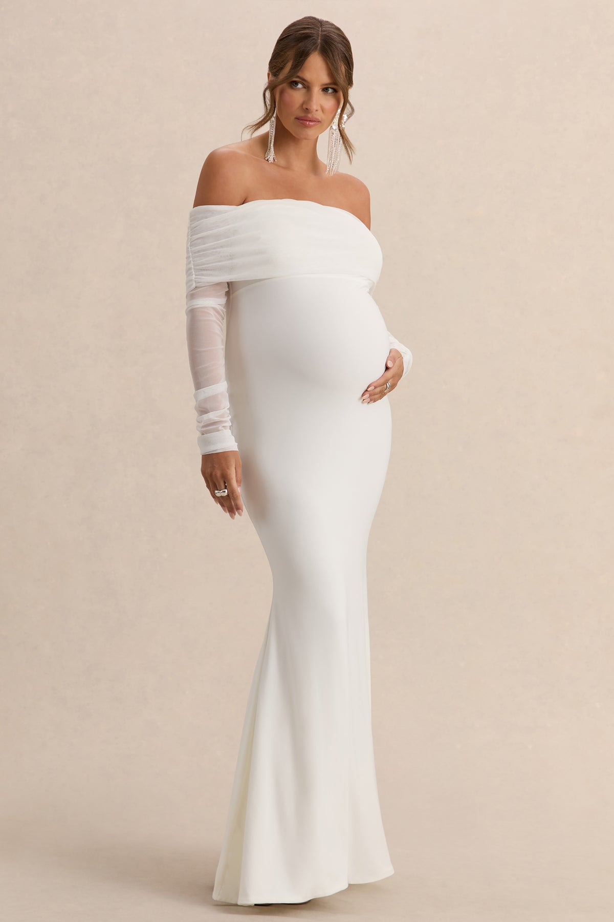 Pretty Perfect White Maternity Ruched Mesh Bardot Maxi Dress Club L London - USA Pretty Perfect White Maternity Ruched Mesh Bardot Maxi Dress Club L London - USA