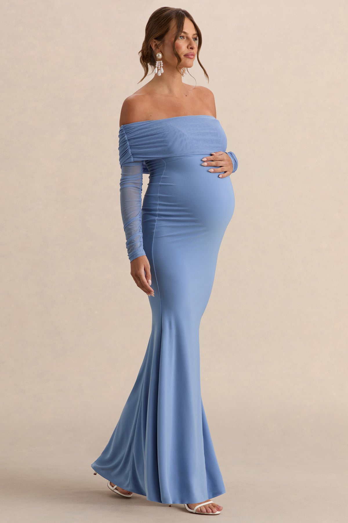 Pretty Perfect Powder Blue Maternity Ruched Mesh Bardot Maxi Dress Club L London - USA Pretty Perfect Powder Blue Maternity Ruched Mesh Bardot Maxi Dress Club L London - USA