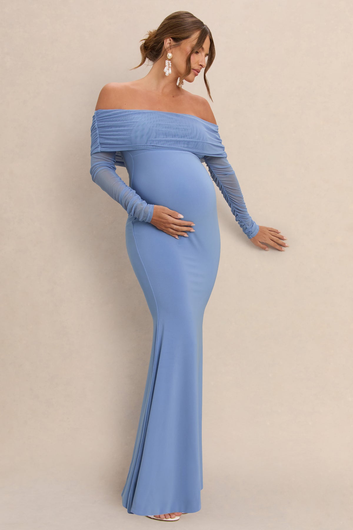 Pretty Perfect | Powder Blue Maternity Ruched Mesh Bardot Maxi Dress