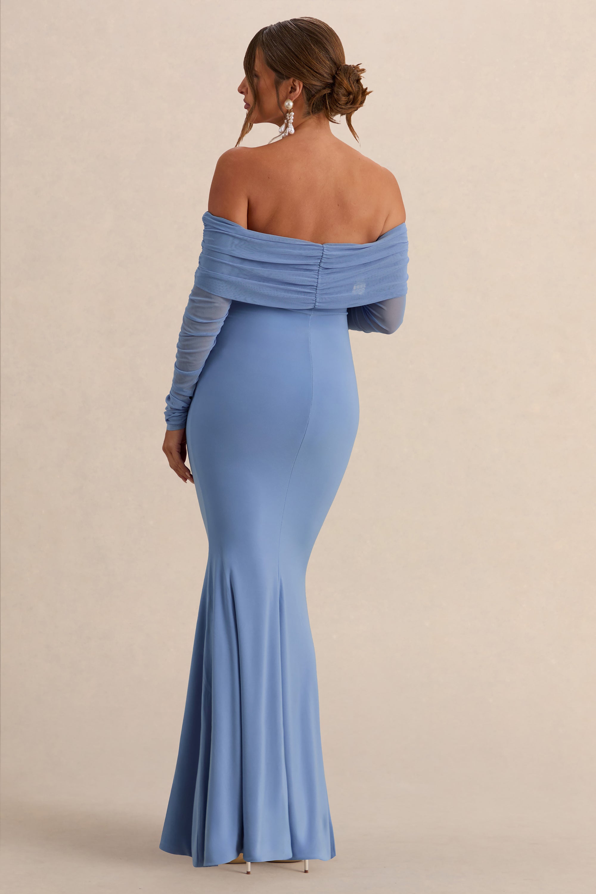 baby blue bardot fishtail maxi dress mesh cape retail ASOS DESIGN mesh bardot maxi dress with drape and ruffle detail in pale blue