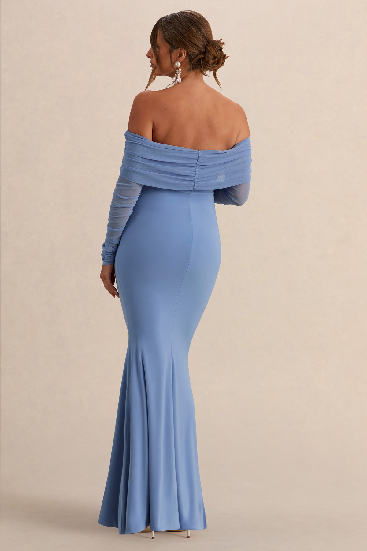 Pretty Perfect | Powder Blue Maternity Ruched Mesh Bardot Maxi Dress
