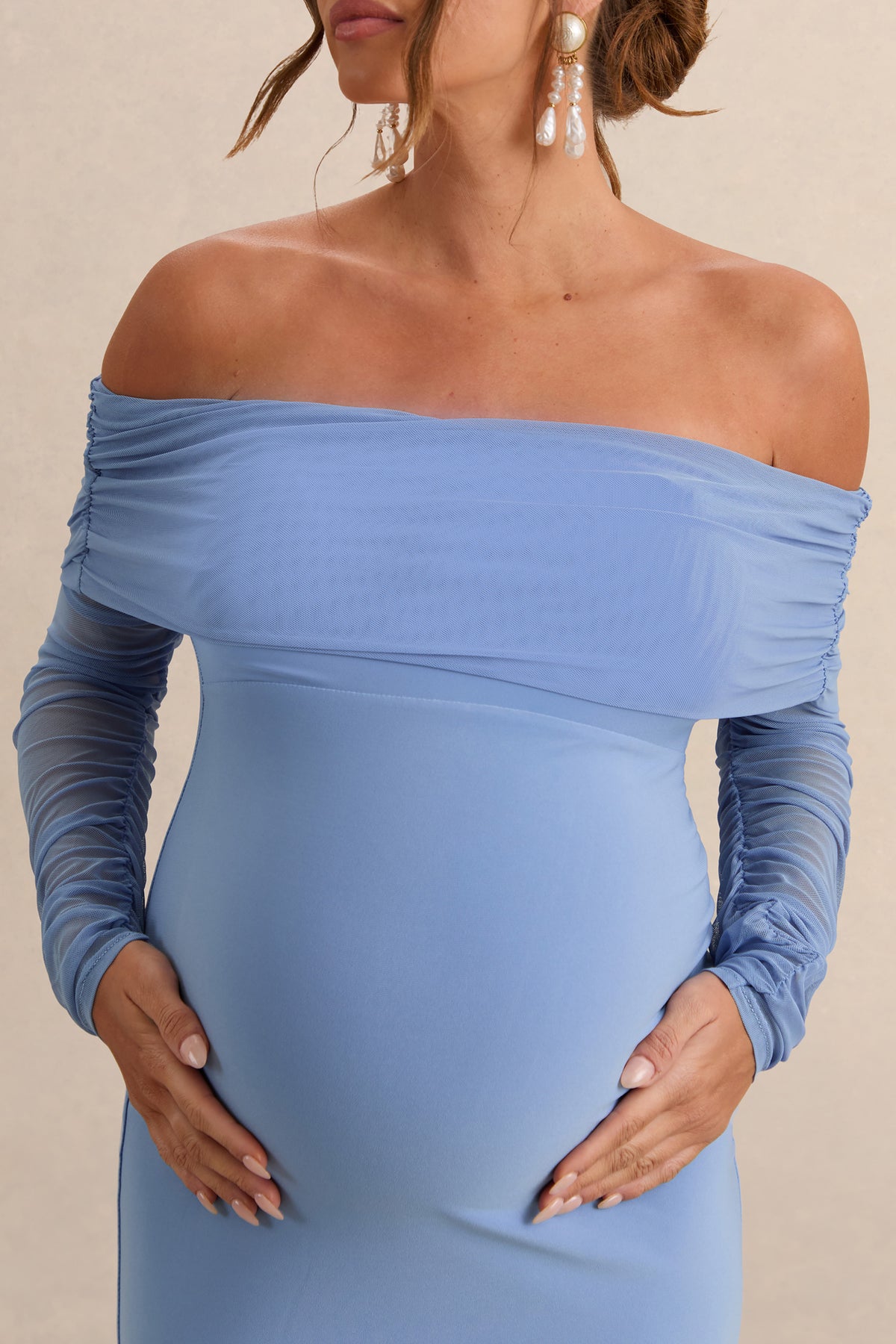Pretty Perfect Powder Blue Maternity Ruched Mesh Bardot Maxi Dress Club L London - USA Pretty Perfect Powder Blue Maternity Ruched Mesh Bardot Maxi Dress Club L London - USA