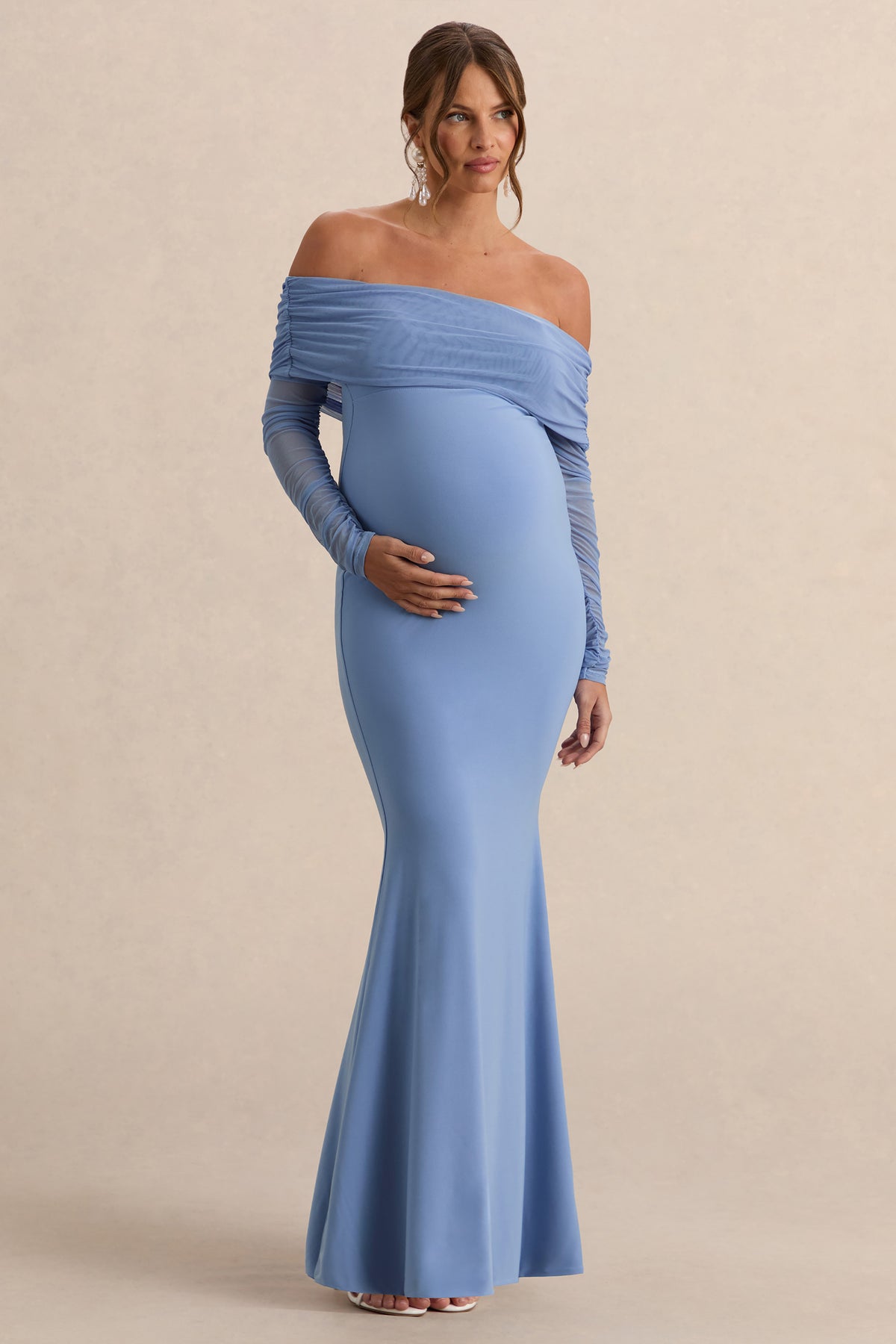 Pretty Perfect | Powder Blue Maternity Ruched Mesh Bardot Maxi Dress