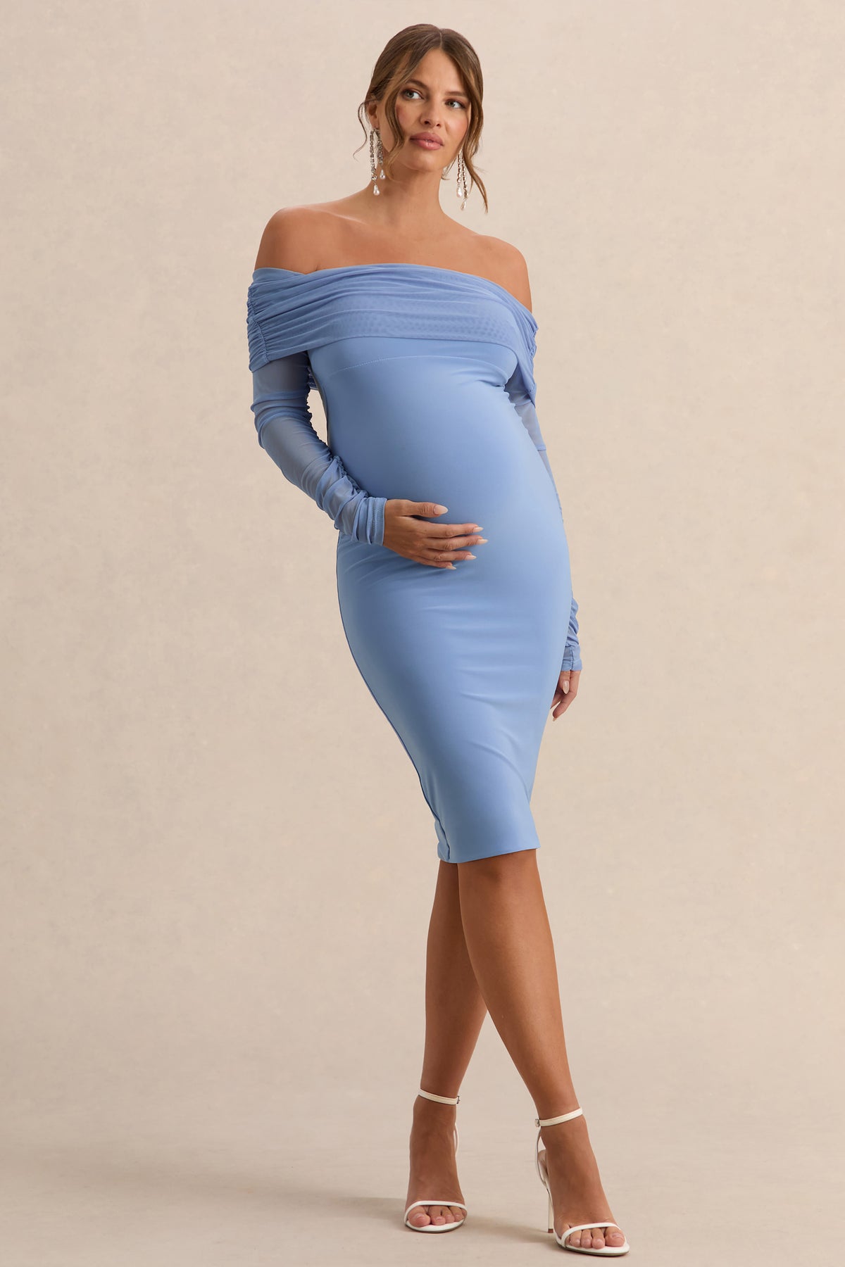 Patiently Waiting | Powder Blue Maternity Ruched Mesh Bardot Midi Dress US 4 / Blue Patiently Waiting | Powder Blue Maternity Ruched Mesh Bardot Midi Dress US 4 / Blue