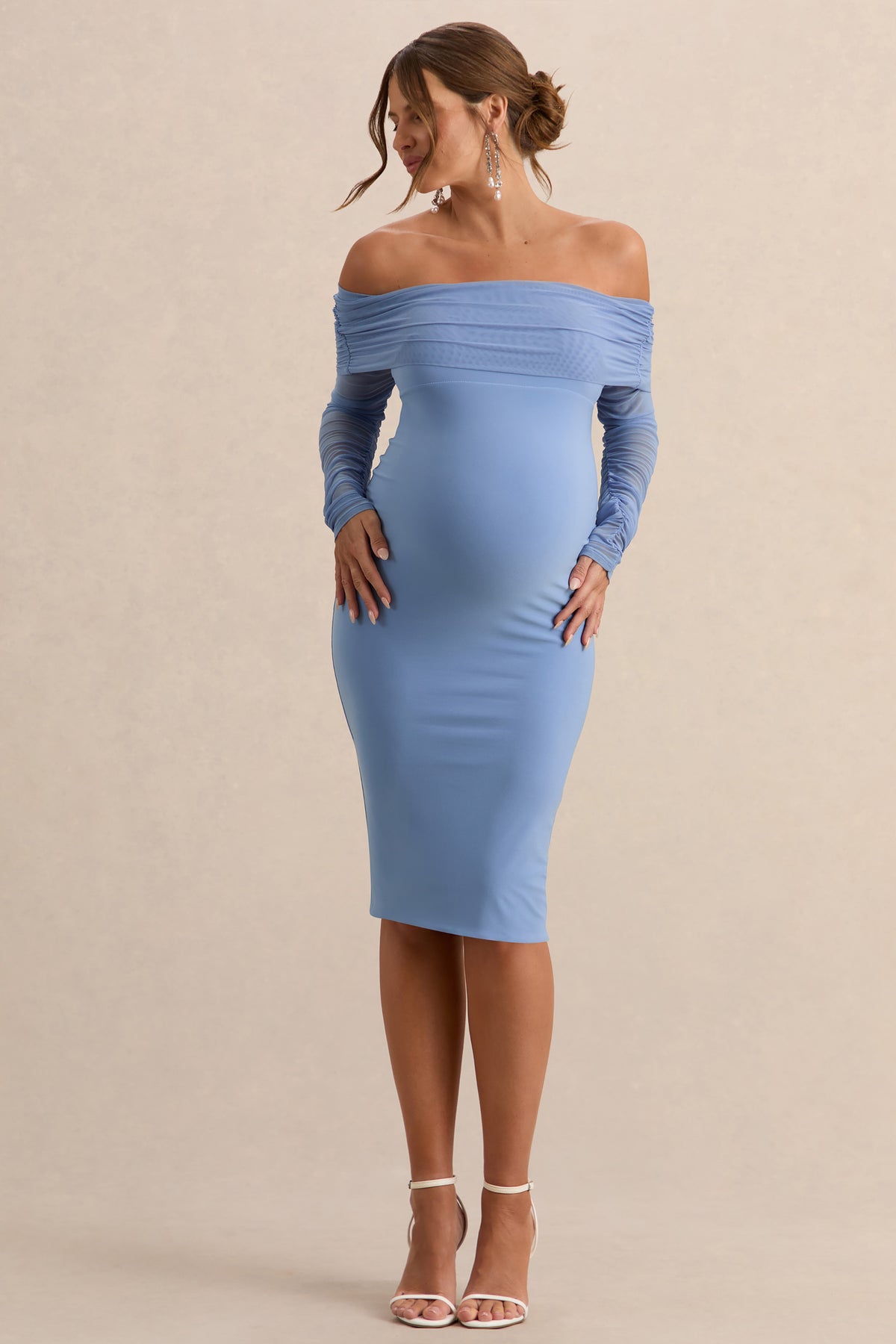 Patiently Waiting Powder Blue Maternity Ruched Mesh Bardot Midi Dres Club L London - USA Patiently Waiting Powder Blue Maternity Ruched Mesh Bardot Midi Dres Club L London - USA
