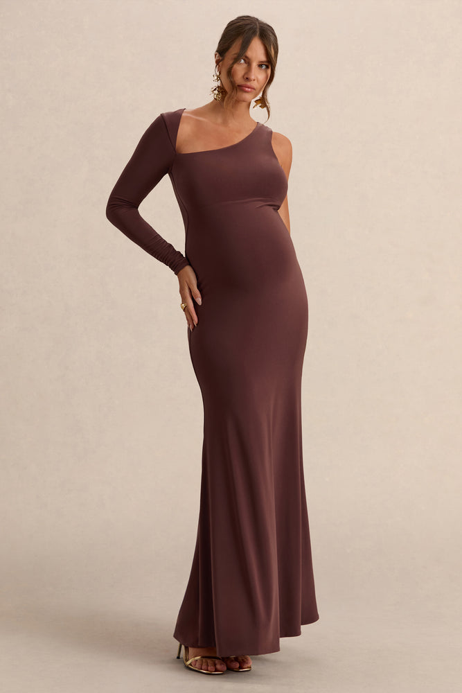 Oh Baby | Brown Maternity One Shoulder Bodycon Maxi Dress