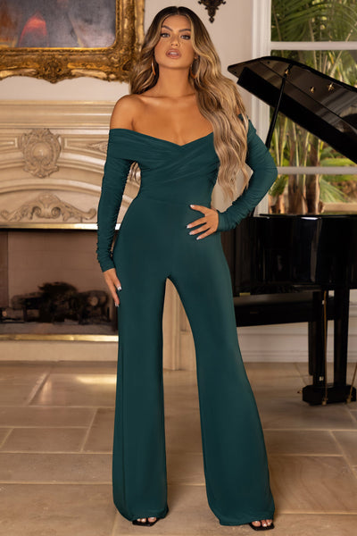 Olive Rib Twist Detail Plunge Flared Jumpsuit