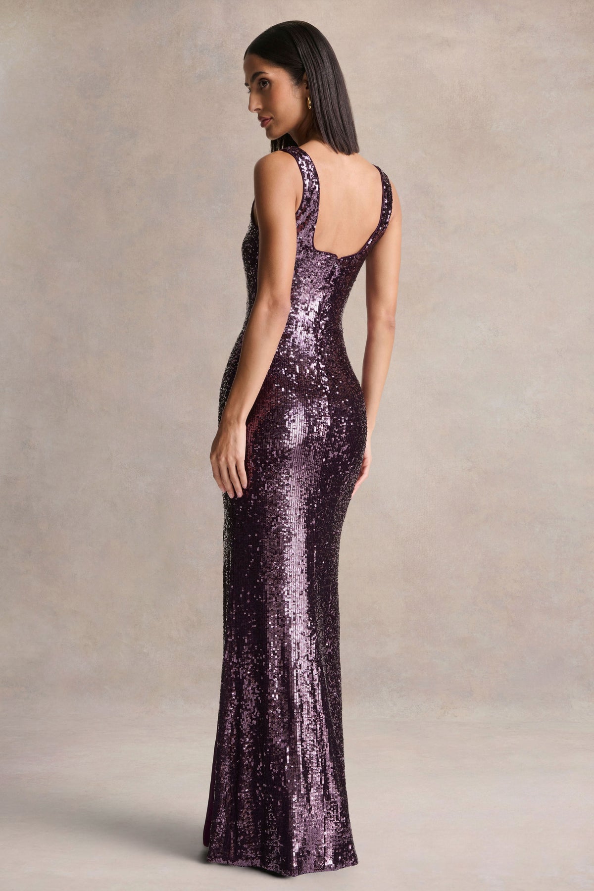 High Life Plum Sequin Square-Neck Maxi Dress With Front-High Split Club L London - USA High Life Plum Sequin Square-Neck Maxi Dress With Front-High Split Club L London - USA