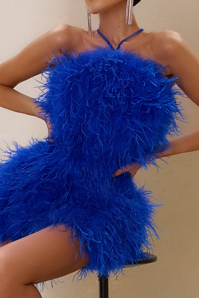 Power Up Cobalt Blue Feather Halter Neck Mini Dress – Club L London - USA