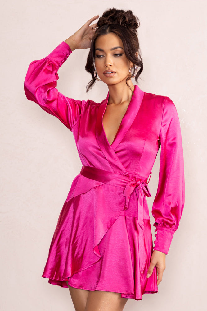 Gemstone Hot Pink Satin Belted Wrap Mini Dress – Club L London - USA